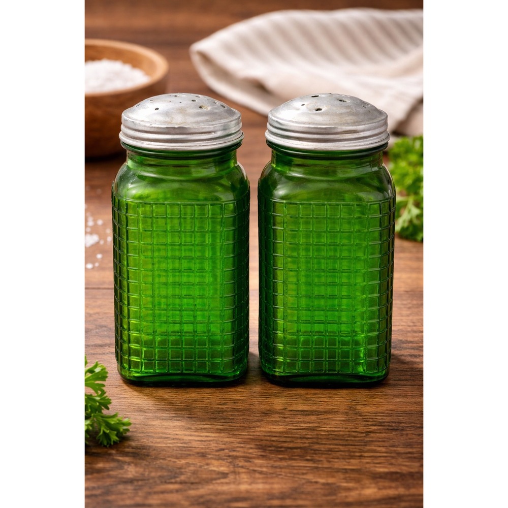 Vintage Owens Green Glass Salt and Pepper Shakers Waffle Pattern Aluminum Lids